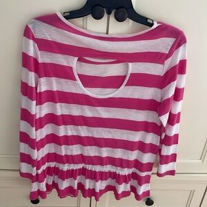 NWT crown & ivy pink & white striped power pop top keyhole back boat neck size M